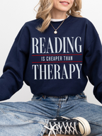 navy blue oversized reading is cheaper than therapy sweatshirt with aesthetic typography design for book lovers and readers