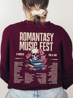 Maroon crewneck sweatshirt shown from the back with large Romantasy Music Fest print, showcasing a fantasy-inspired concert-style design with a skull, flowers, and popular romantasy tropes.