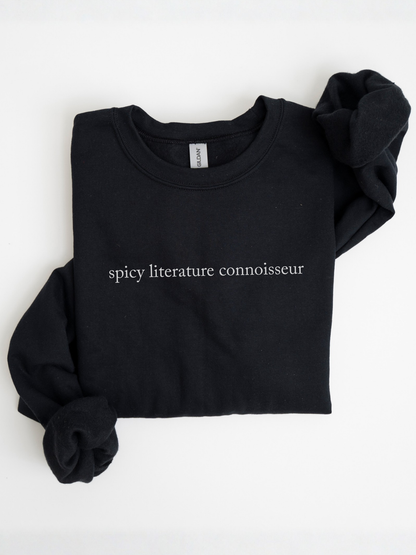 Folded black sweatshirt with spicy literature connoisseur printed in light text arranged in a simple flat lay on a clean white background