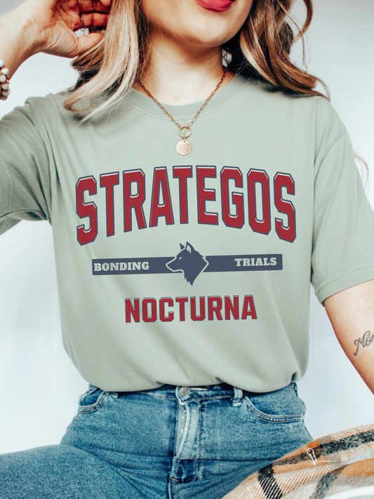 bay green comfort colors shirt featuring Strategos Nocturna bonding trials fantasy wolf mascot design