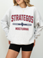 ash gray sweatshirt with Strategos Nocturna collegiate fantasy graphic and bonding trials wolf emblem