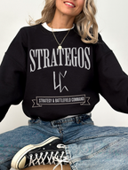 black crewneck sweatshirt with Strategos strategy and battlefield command fantasy inspired graphic design