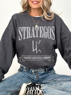 dark grey heather sweatshirt featuring Strategos strategy and battlefield command fantasy academy graphic