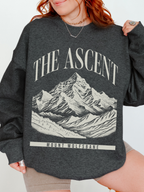 dark grey heather sweatshirt with The Ascent Mount Wolfsbane fantasy mountain illustration graphic