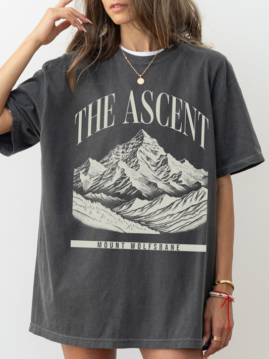 pepper comfort colors oversized t shirt with The Ascent Mount Wolfsbane mountain artwork for fantasy readers