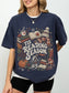 Navy Comfort Colors shirt featuring a cozy Tis Reading Season design with stacked books, open book, coffee, autumn leaves, pumpkin, scarf, knit hat and winter cottage, book lover gift for readers