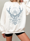 woman wearing white sweatshirt with blue "To Whatever End" antler crest design inspired by Terrasen and Throne of Glass

