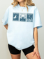 light blue fantasy book stamp t-shirt with Velaris Terrasen Crescent City cities modeled by woman in biker shorts