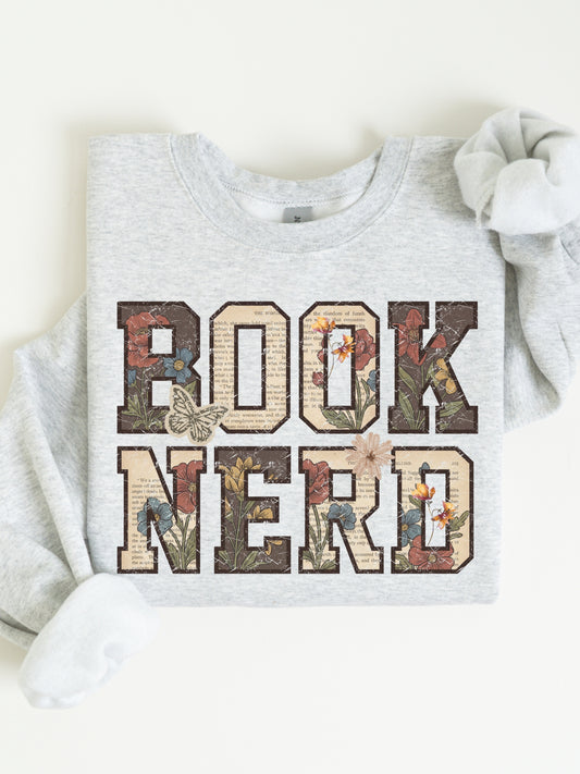 Ash Gildan sweatshirt featuring a vintage Book Nerd graphic filled with flowers, book pages and butterflies, cozy reader sweatshirt and book lover gift
